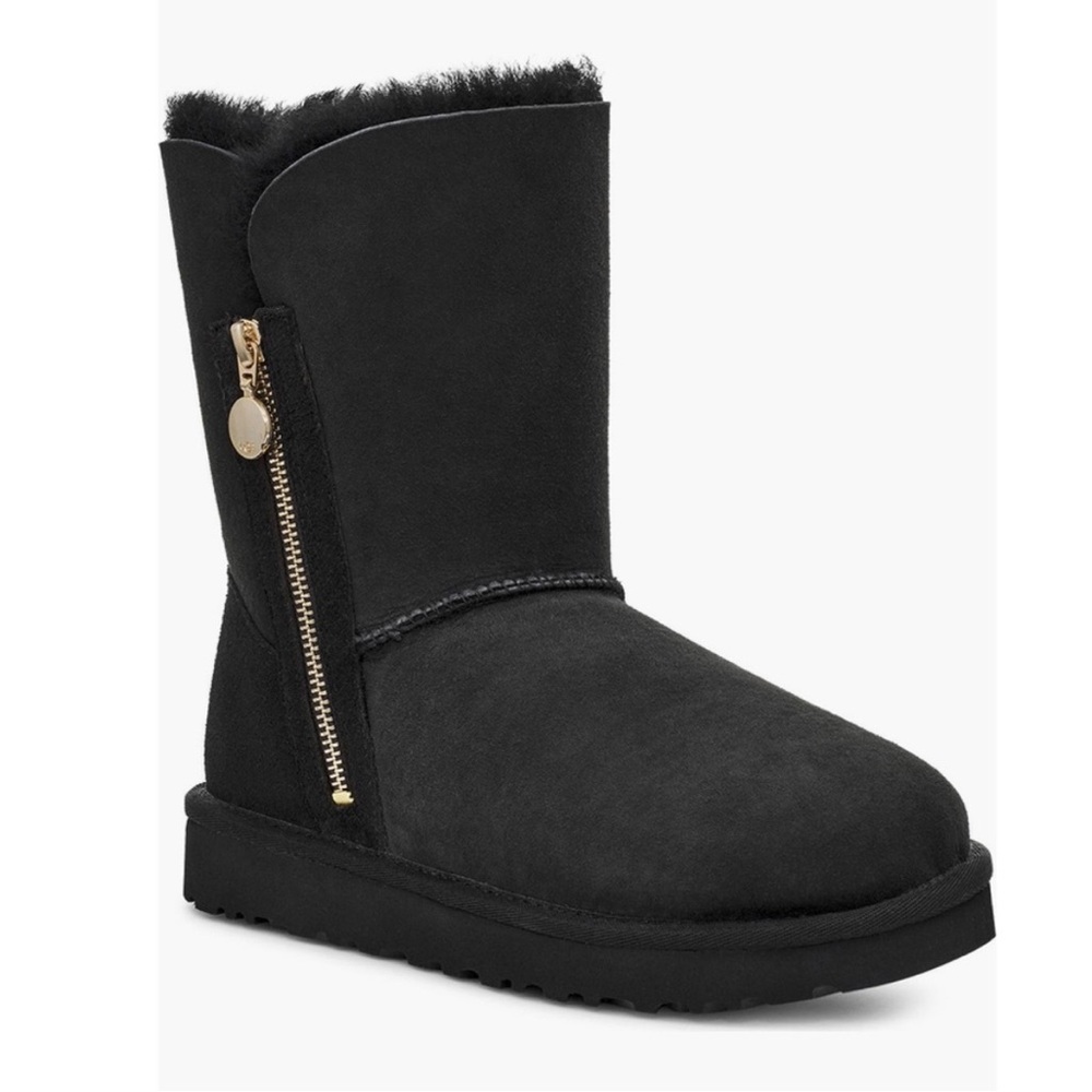 UGG Bailey Zip Mid-Calf Boots Flat Black Twinface Sheepskin Real Fur US Size 6